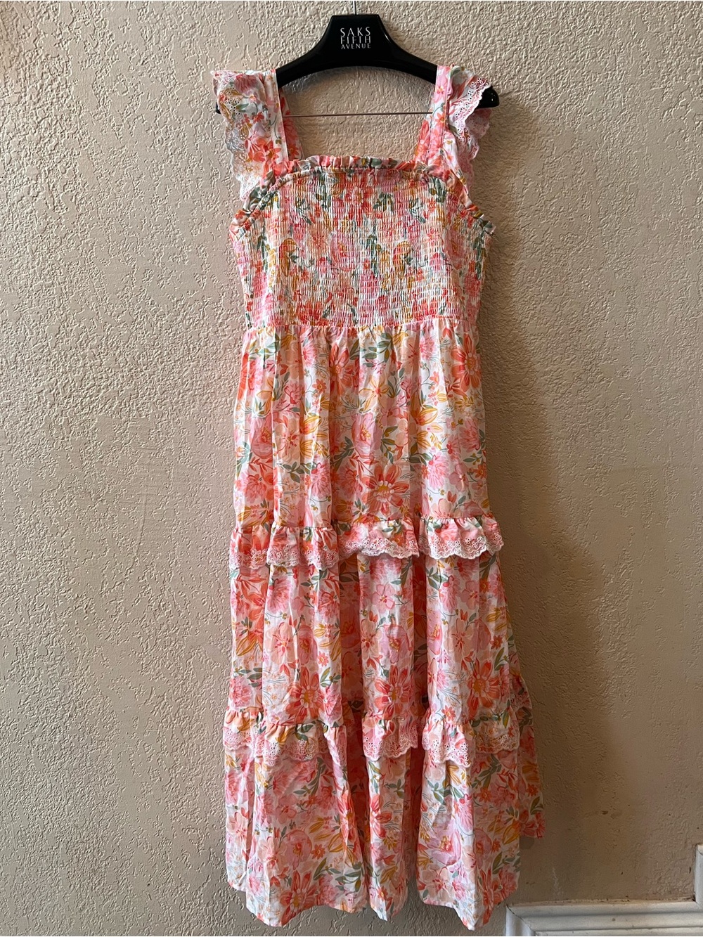 Haute Hippie Dress Sz 12 Pink White Floral Tiered Ruffle Smocked Midi Boho Beach - Picture 3 of 8
